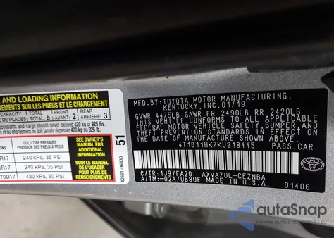 2019 Toyota Camry Le from USA, damaged, VIN 4T1B11HK7KU218445